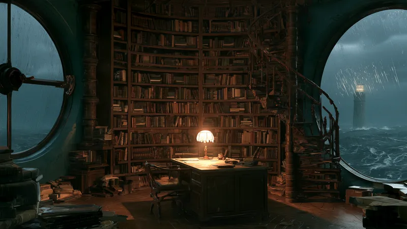 A dark lighthouse library at night, one warm lamp on the desk, a storm at sea outside the round window.